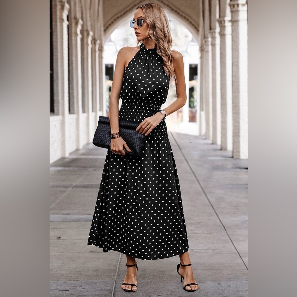 Timeless Black & White Polka Dot Halter Maxi Dress – Smocked Waist